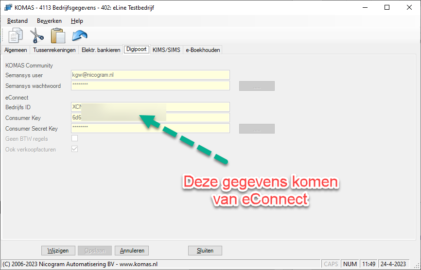 Sleutel gegevens van eConnect